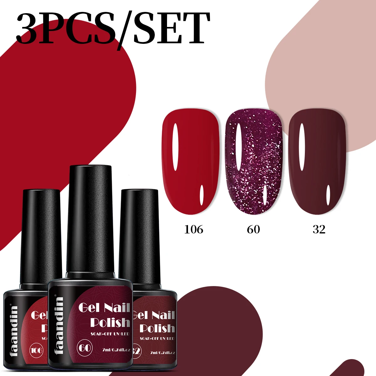 Faandin 3 قطع/مجموعة 7 مل * 3 قطع، تطبيق أكثر سمكًا للحصول على نتائج أفضل، ألوان غنية، نغمات عارية، ألوان أرجوانية، نغمات حمراء، إلخ. ، مجموعة طلاء أظافر جل بلون موحد، هدية مثالية، قوية وطويلة الأمد، ليس من السهل أن تتلاشى، جل طلاء أظافر قابل للإزالة، منتج أساسي للحفلات الراقصة والحفلات وصالونات الأظافر بالجملة لصالونات الأظافر