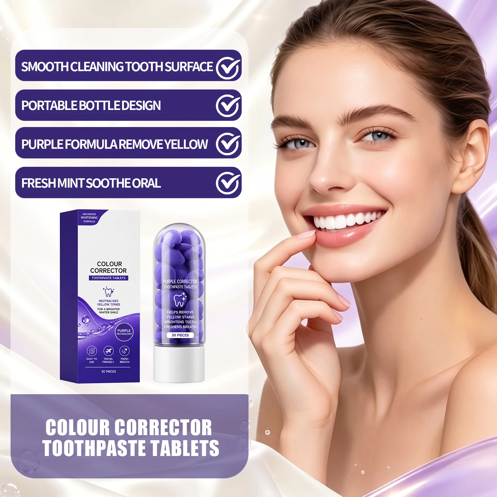 Pastiglie Sbiancanti per Denti Viola, Rimuovono le Macchie, Correggono il Colore dei Denti, Alito Fresco, Formato da Viaggio, Compresse Sbiancanti per