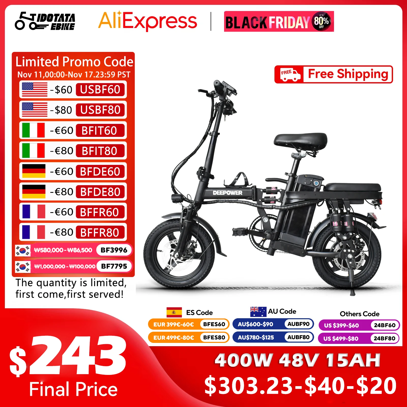 IDOTAT Bicycle Foldable Electric Bike W/ Seat & Basket 14\'\' 48V 10Ah 400W Motor 22Miles Range 20 MPH Top Speed Ebike for Adults