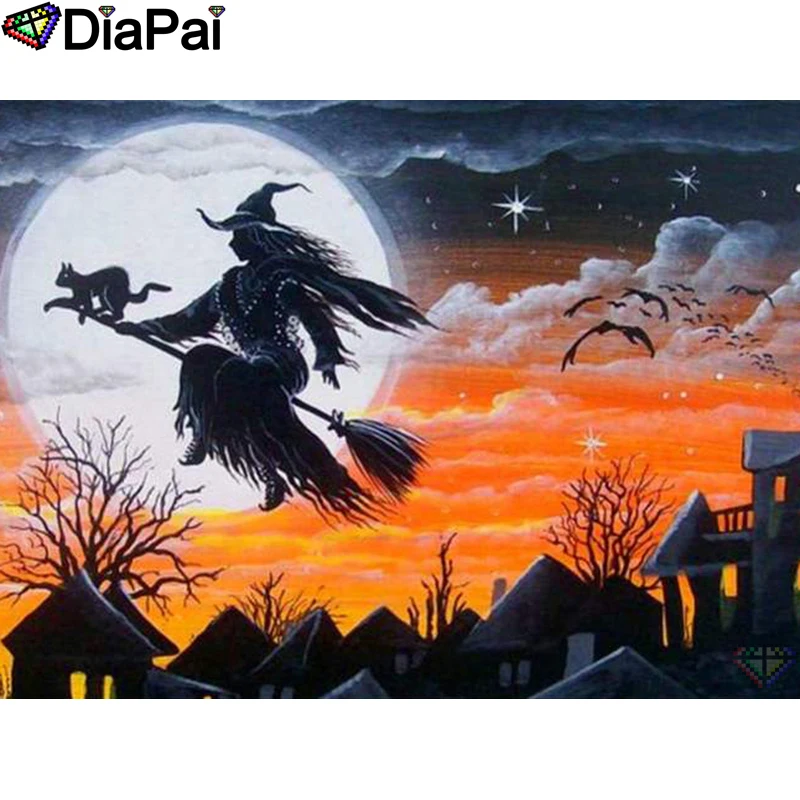 

DIAPAI 5D DIY Diamond Painting 100% Full Square/Round Drill "Witch cat moon" Diamond Embroidery Cross Stitch 3D Decor A21688