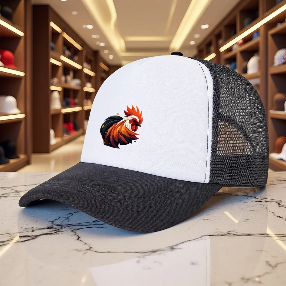Rooster Emblem Trucker Hat Polyester Mesh Two-Tone Sports Cap for Outdoor Cycling Fitness Unisex