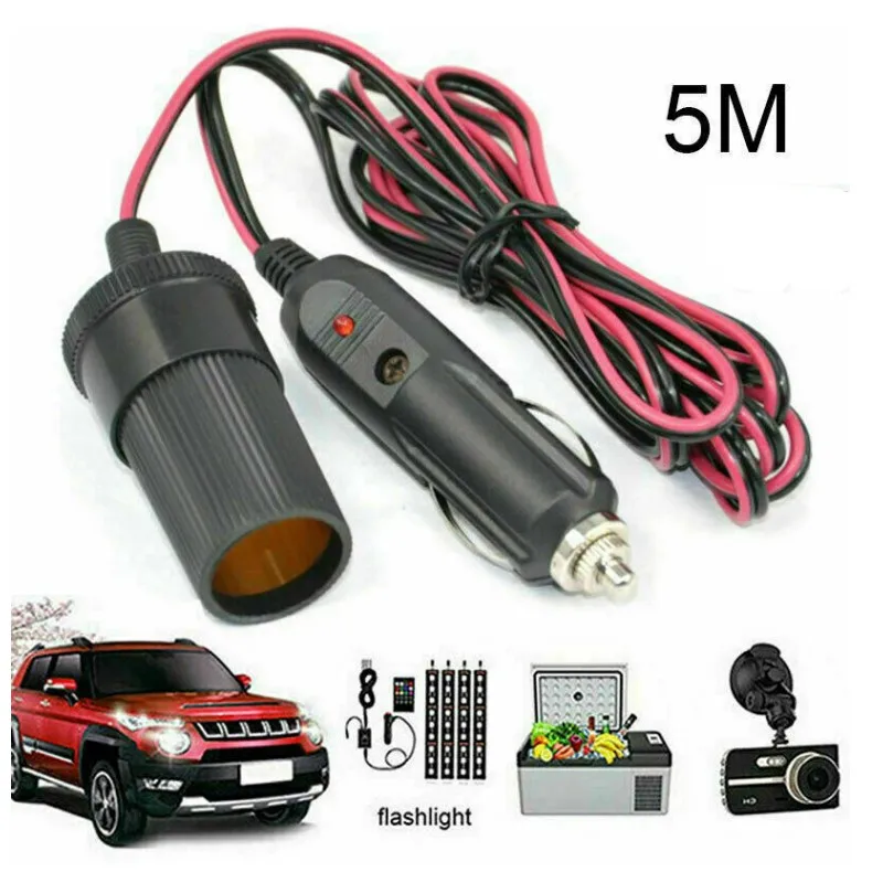 5M Car Cigar Lighter Plug 12V Extension Cable Adapter Socket Charger Lead With Indicator Light Extension Line Car Supplies