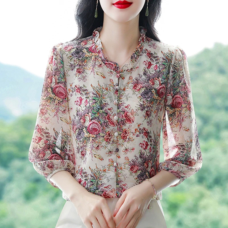 2024 Spring Summer Women Shirt New Fashion Silk Chiffon Blouse Printed Stand Collar 3/4 Sleeve Floral Printed Tops