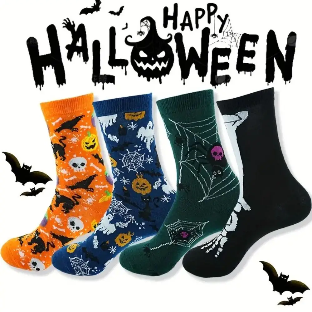 4Pairs Breathable Cartoon Halloween Skull Socks Women Men Cat Pumpkin Tube Sock Bat Hosiery Ghost Socks Friends