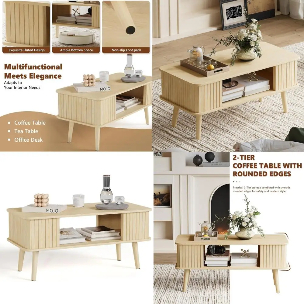 

Журнальный столик для гостиной из натурального дерева с местом для хранения и закругленными краями, простая сборка