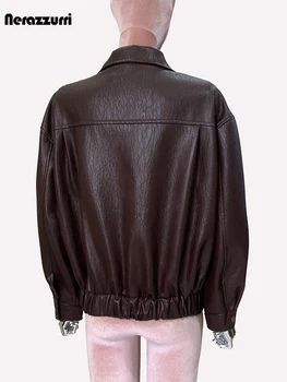 Nerazzurri Spring Cool Short Brown Pu Leather Jacket Women Zipper Turn-down Collar High Quality Korean Fashion Clothing 2024