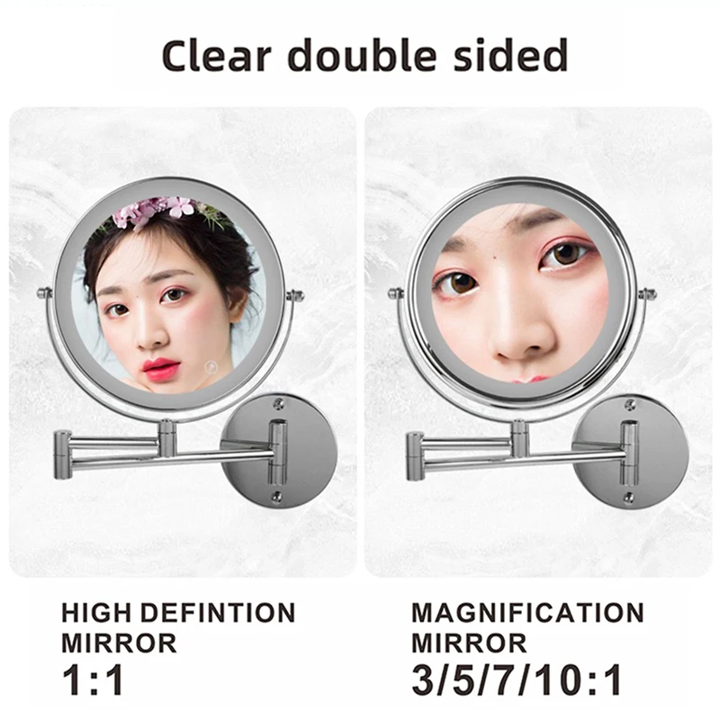 8 inch Rechargeable Smart Bathroom LED Makeup Mirror 5X 7X10X Magnification 3 Color Light Adjustable Double Side Touch Mirrors