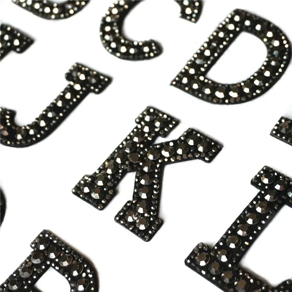 

Black Rhinestones 26 Alphabet Letters ABC Sew Iron On Patches Shining Badges For Name DIY Dress Jeans Appliques Decoration