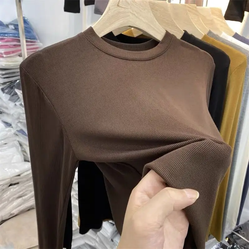 ファイオナブル ロング スリーブ リブ編み Tシャツ レディース ラウンドネック マスクトップ 韓国風 スタイリッシュ 通勤 折り畳み スリムフィット デイリーウェア