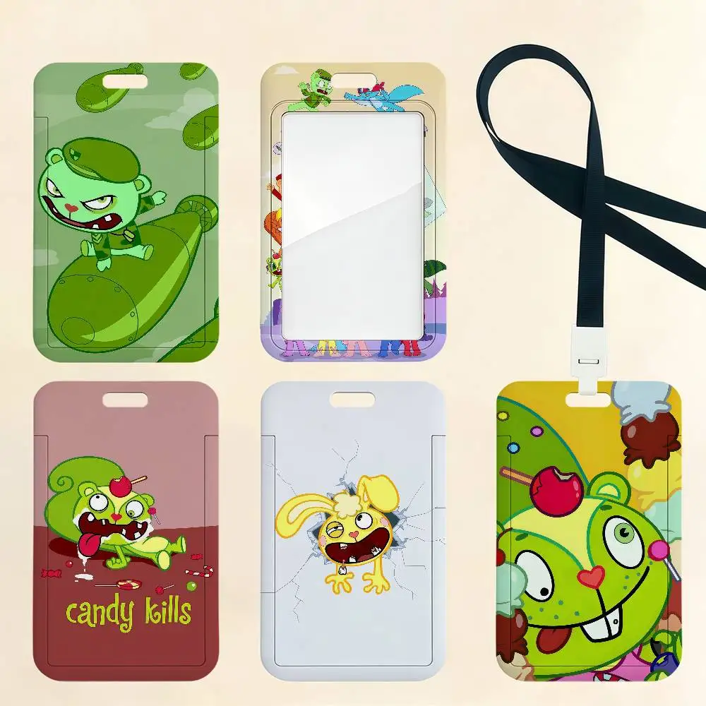 Cartoon H-Happy Tree Friends Kartenhalter Kartenetui Bus U-Bahn Arbeitsausweis Studenten-Lanyard Halsbänder Ausweishalter Türkartenhalter
