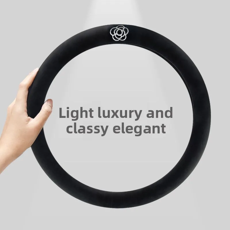 

Winter Steering Wheel Cover Camellia Short Plush Warm Anti Slip Wear Resistant Soft Universal for Women