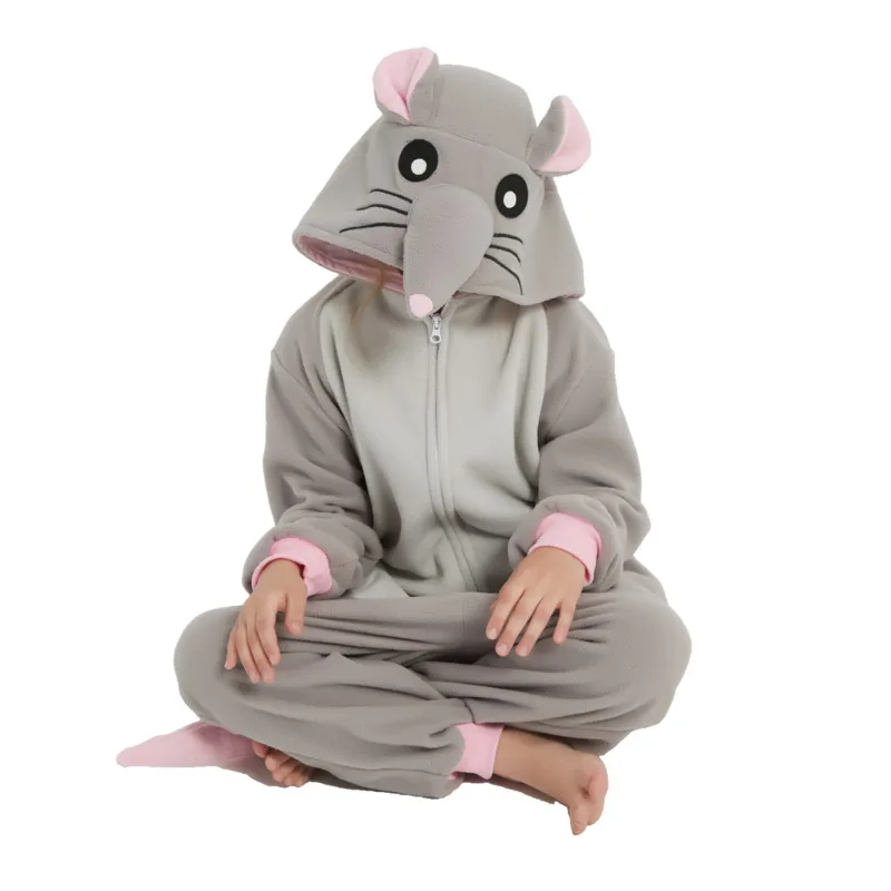Child Zipper Gray Mouse Cartoon Cosplay One-Piece Pajamas Kids Animals Halloween Clothing Girls Kigurumi Anime Pajamas