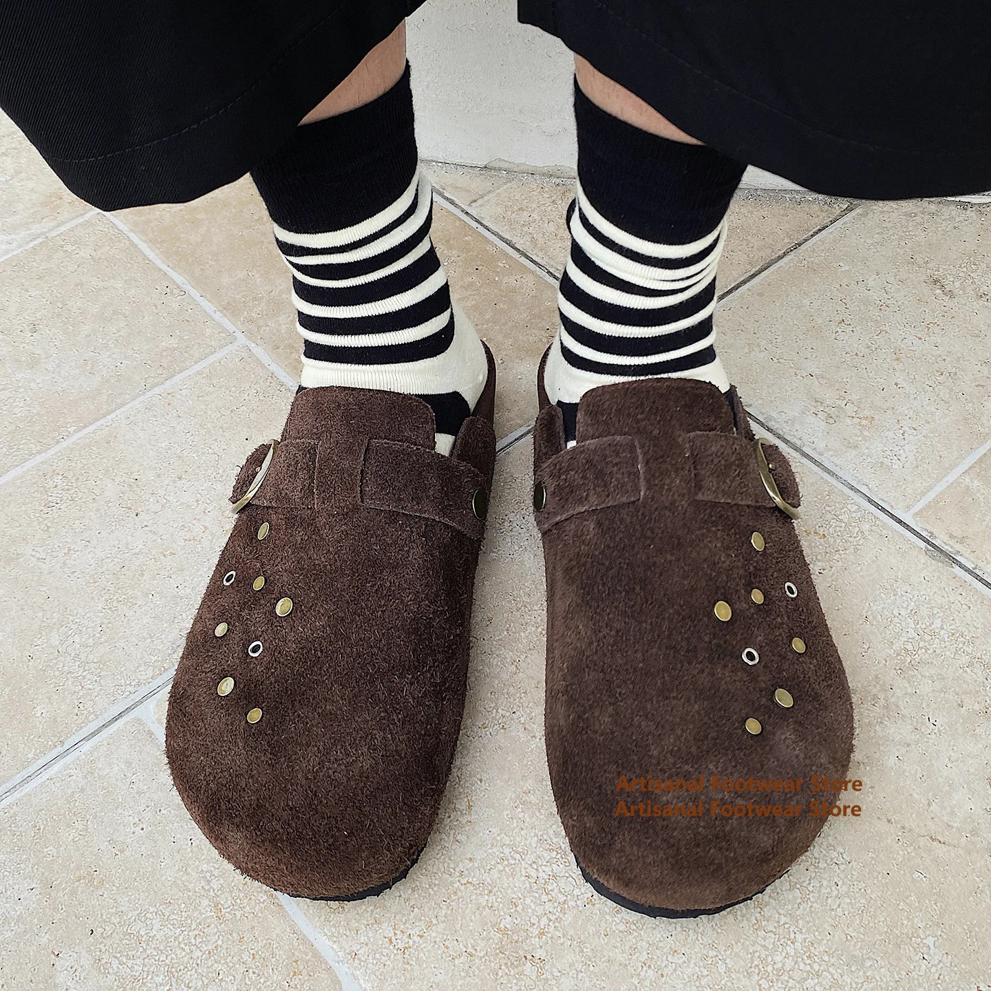 Brown Suede Rivet-Embellished Buckle Strap Mules Slippers Closed-Toe Slip On Height Increasing Slides Trendy Luxury Men's Shoes