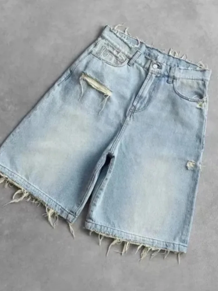 Deeptown Vintage Washed Ripped Short Jeans Women Wide Leg Blue Distressed Jorts American Retro Baggy Casual Streetwear Summer