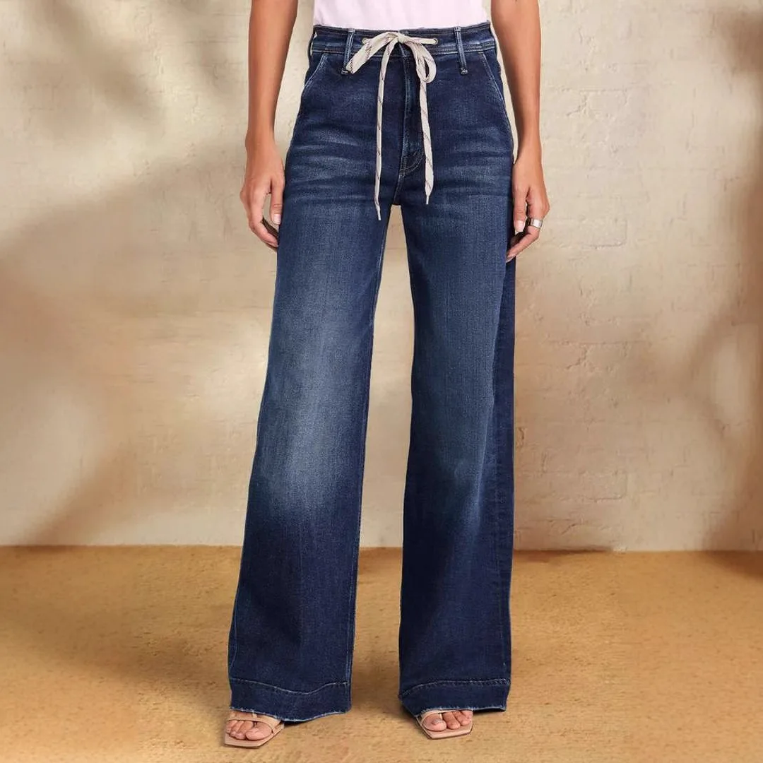 Jeans Women Denim Wide Leg Pants 2026 Streetwear Lace Up High Waist Stretch Distressed Washed Vintage Floor Length Trousers