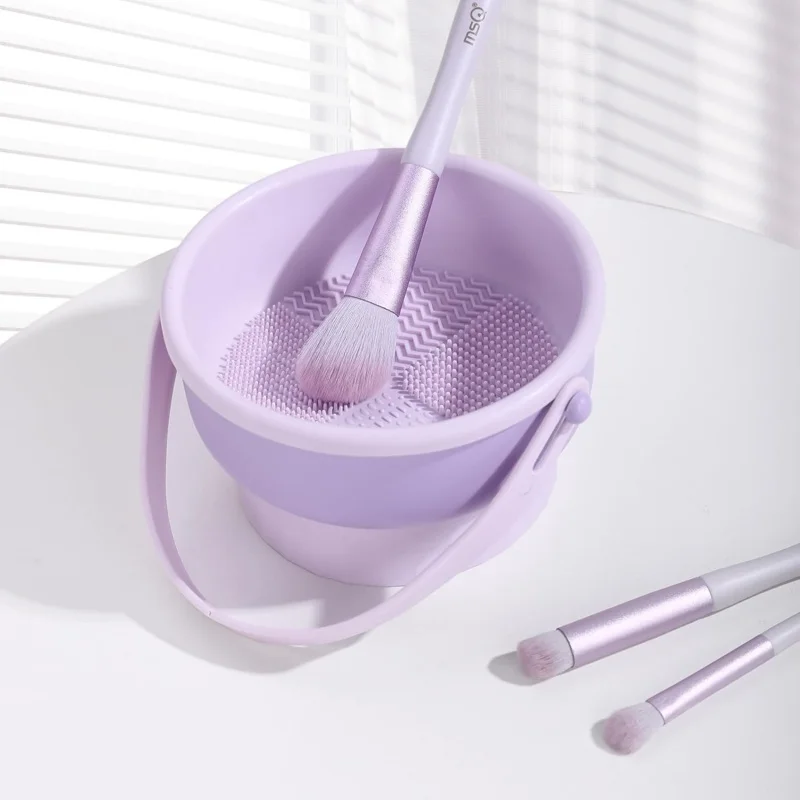 Tappetino per pulizia pennelli per trucco Ciotola per lavaggio in silicone 3 in 1 con spazzole Scrubber Soffio per cipria pieghevole Strumenti per asciugare la spugna cosmetica