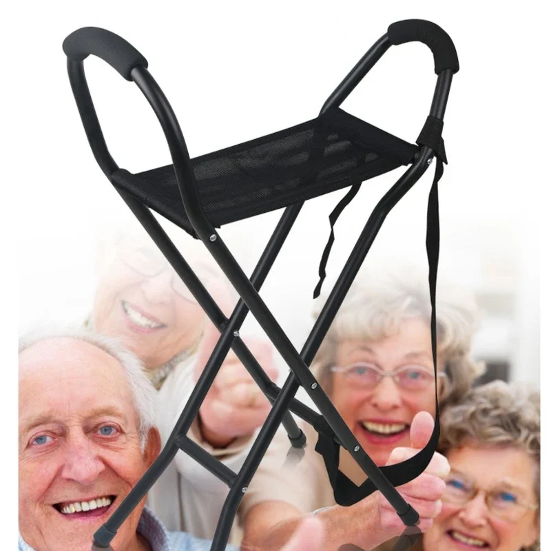 

Foldable Four-Legged Elderly Crutches Chair - Aluminum Cane Stool, Portable Walking Stick, Multifunctional Support Aid