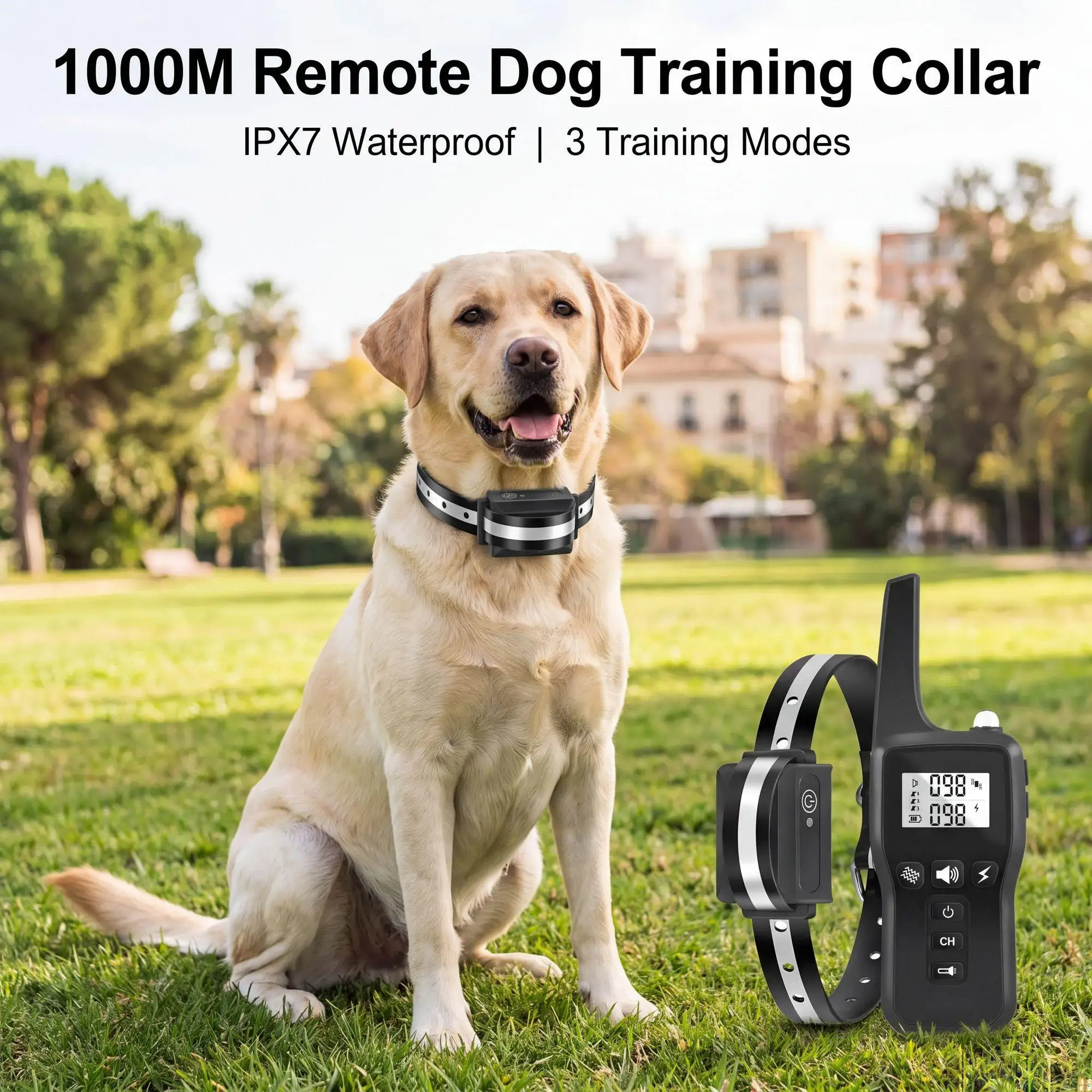 Image of 1000M Hundetrainingshalsband IPX7 Wasserdicht Wiederaufladbar Elektrischer Schock Vibration Piepton Fernbedienung Anti-Bell-Funktion für Hunde Aller Größen