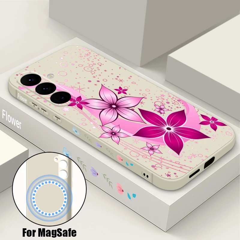 Hot Pink Flowers Printed Magnetic Phone Case For Samsung Galaxy S26 S25 S24 Ultra S23 Plus S25 S24 S21 FE Lanyard Soft TPU cover