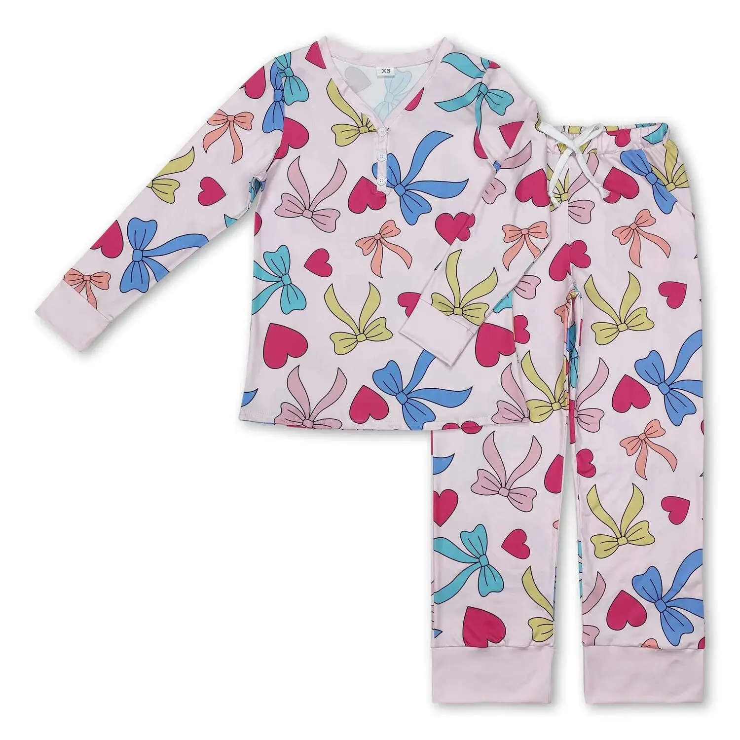 

Женские пижамы на День святого Валентина с длинным рукавом и бантом в форме сердца, топы для взрослых, брюки, комплект с пуговицами, милая одежда для сна для взрослых