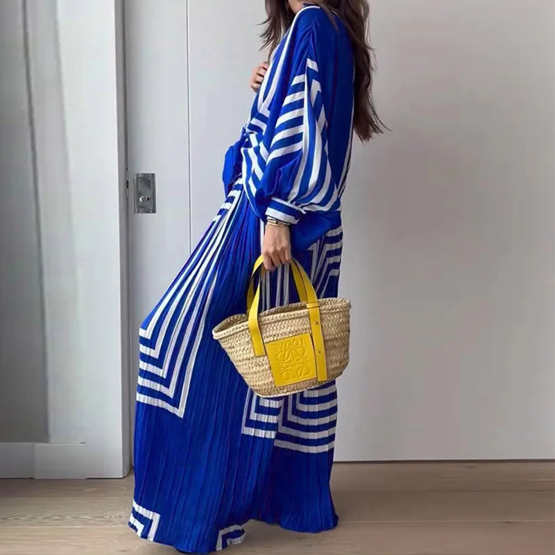 2024 Autumn Clothing Personalized Ins Style Printed Pleated Women's Shirt Long Pants Two-Piece Set