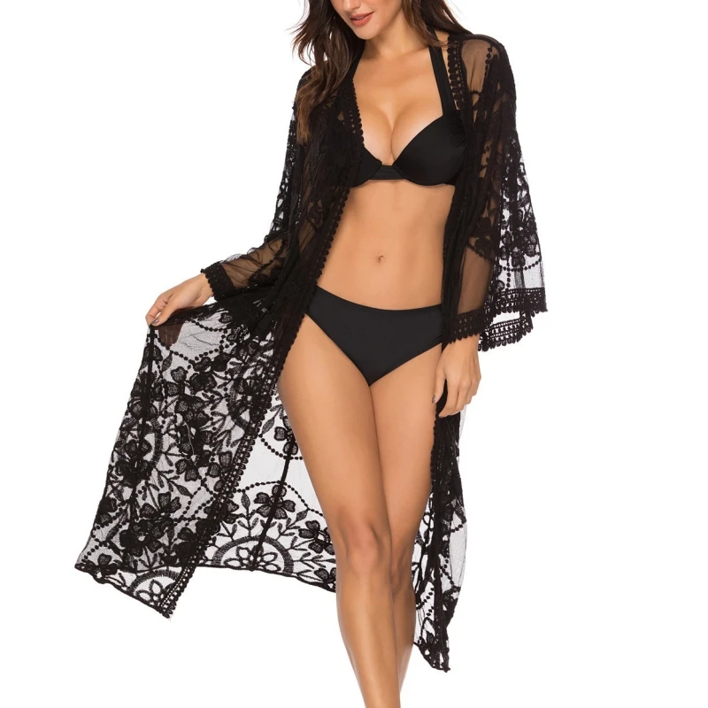 Women\'s Lace Cardigan Floral Crochet Transparent Beach Bikini Blouse Long Kimono