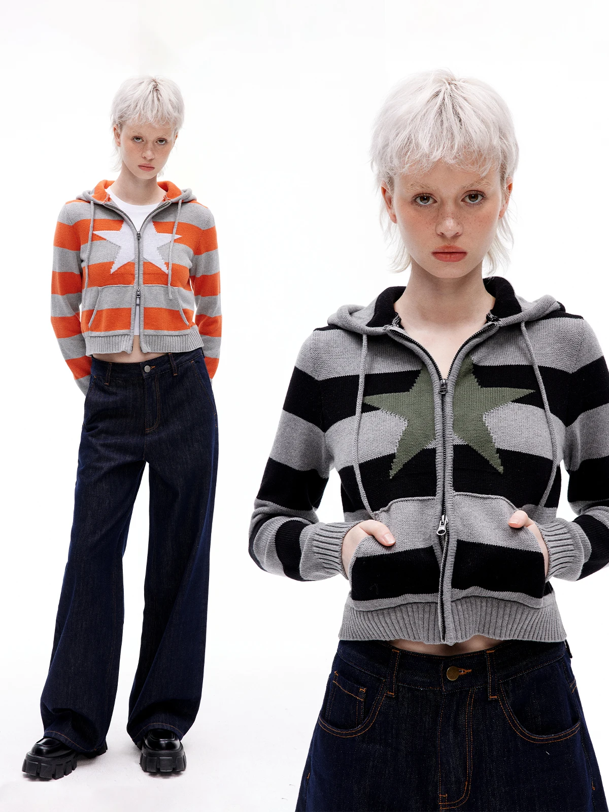 

ort Wave Star Pattern Color Blo Hoodie Jaet Women's Slim Fit Cotton Sweatirt Spring Top Double Zipper Striped Outerwear