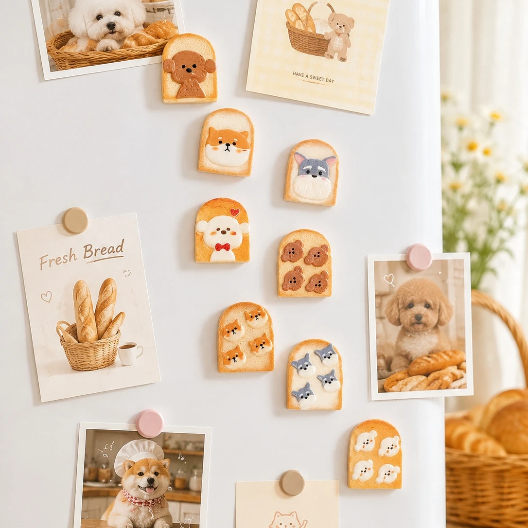 Niedliche Hunde-Toast-Brot-Kühlschrankmagnete, Cartoon-Welpen-Kühlschrankmagnete, Kawaii-Tier-Brot-Küchen-Fotohalter, Heimdekorationsgeschenk