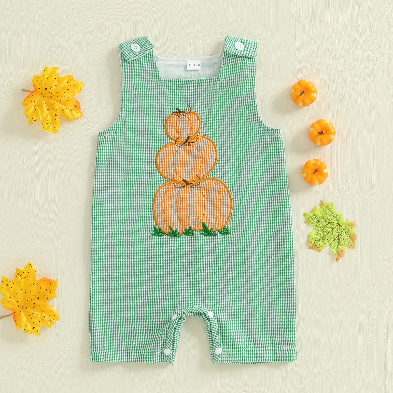 

Baby Romper Sleeveless Plaid Embroidery Pumpkin Bodysuit Overalls Halloween Clothes for Girls Boys