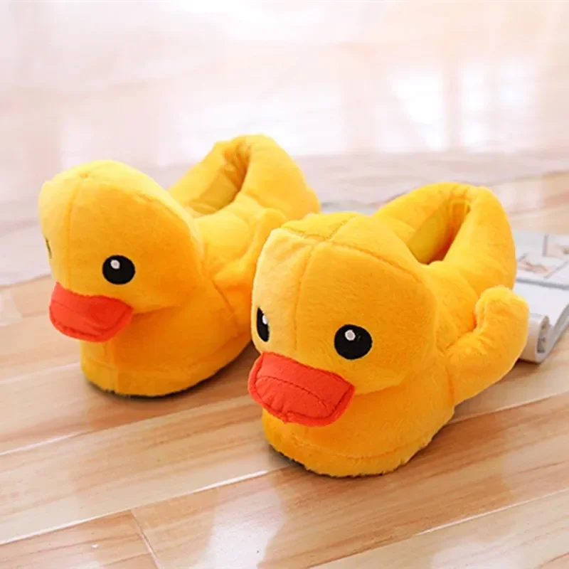 Autumn Winter Cartoon Yellow Duck Fuzzy Slippers Cute Plush Doll Home Bedroom Slides Warm Ankle Wrap Cotton Shoes Indoor Female