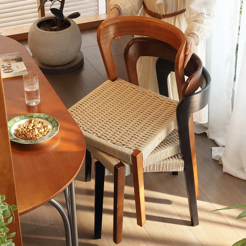 Vintage design solid wood rattan dining chair stackable woven backrest bedroom stool