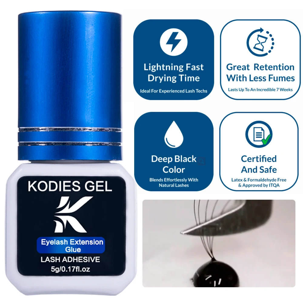 KODIES GEL New Eyelash Extension Glue 5g 1s Fast Dry Black Eye Lashes Glue Extra Strong Semi Permanent Bonder Last 7- 8 Weeks