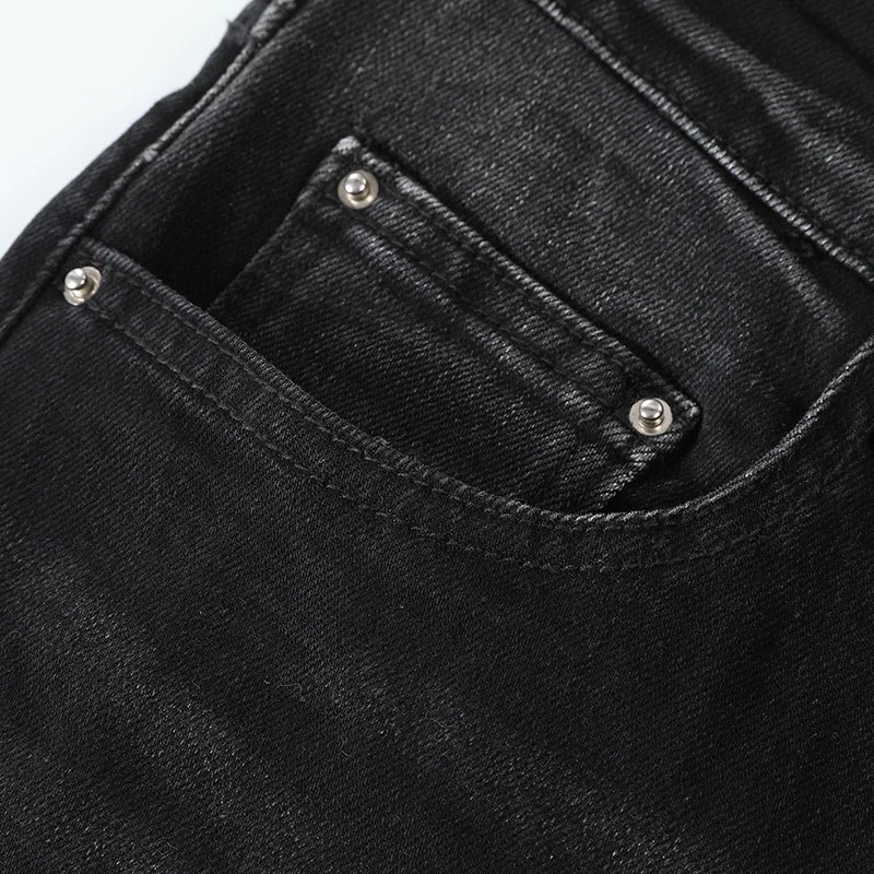 Designer street fashion boutique men's retro black ripped blue patch jeans Y2K elastic tight jeans hip-hop brand high-quality pa