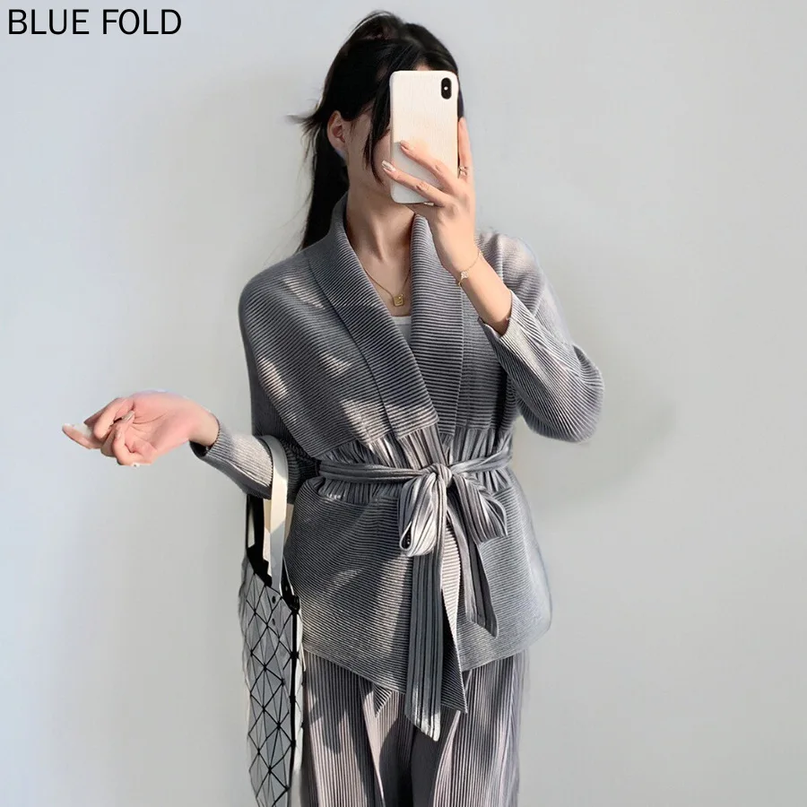 MIYAKE Autumn Coat for Women Elegant and High-end Versatile Lapel Tie Loose Velvet Thick Pleated Cardigan Top PLEATS Coat