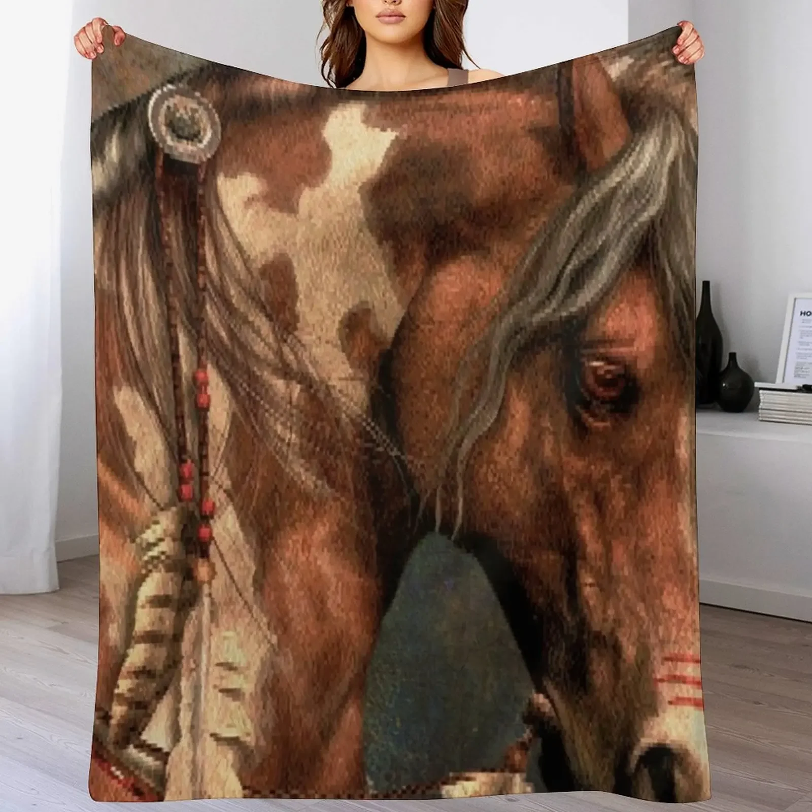 War Horse - Native American Painted Horse Throw Blanket Warm Flannel Blanket for Couch Chair Bedroom