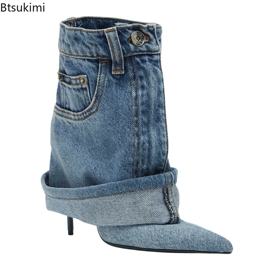 

2025 Women's Autumn Winter Ankle Cowboy Boots Blue Pointe Toe High Heel Cowboy Boots Wide Calf Comfortable Ankle Boots for Women