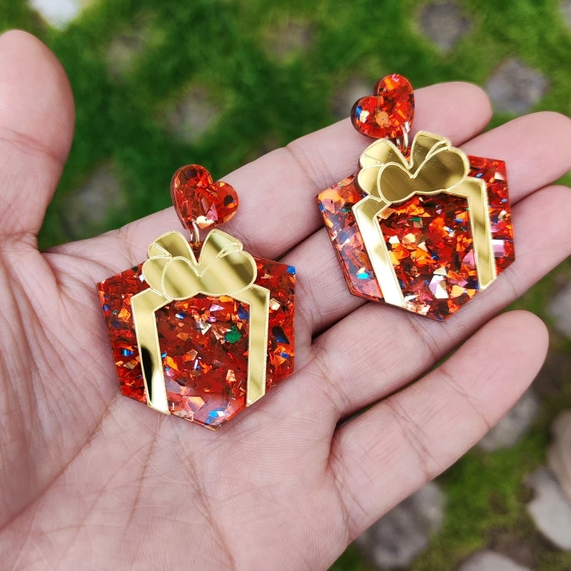 KUGUYS هدية عيد الميلاد مربع أقراط للنساء مجوهرات لطيف عيد الميلاد كرات ملونة انخفاض الأقراط العصرية الاكريليك اكسسوارات هدية #2