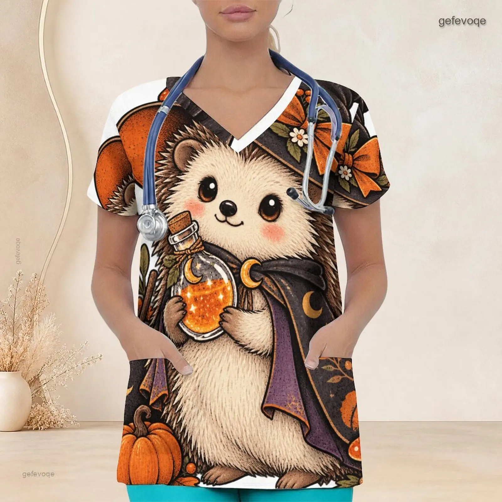 Women V Neck Short Sleeve Printed Scrub Top Cute Hedgehog Witch Pumpkin Pattern