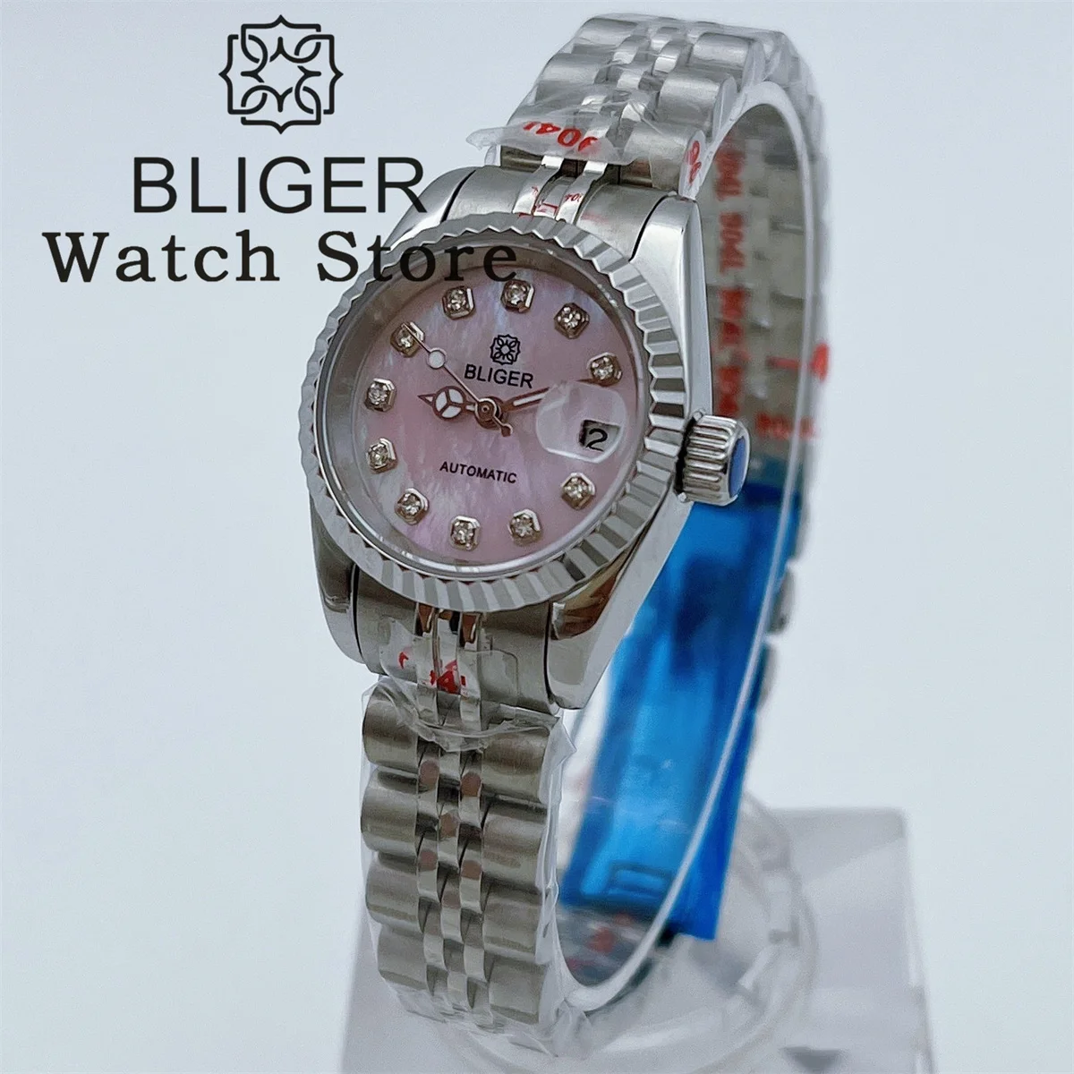 BLIGER-relógio mecânico automático rosa Shell Dial para mulheres, movimento NH05, safira vidro, relógio elegante, 26mm, novo, 2022