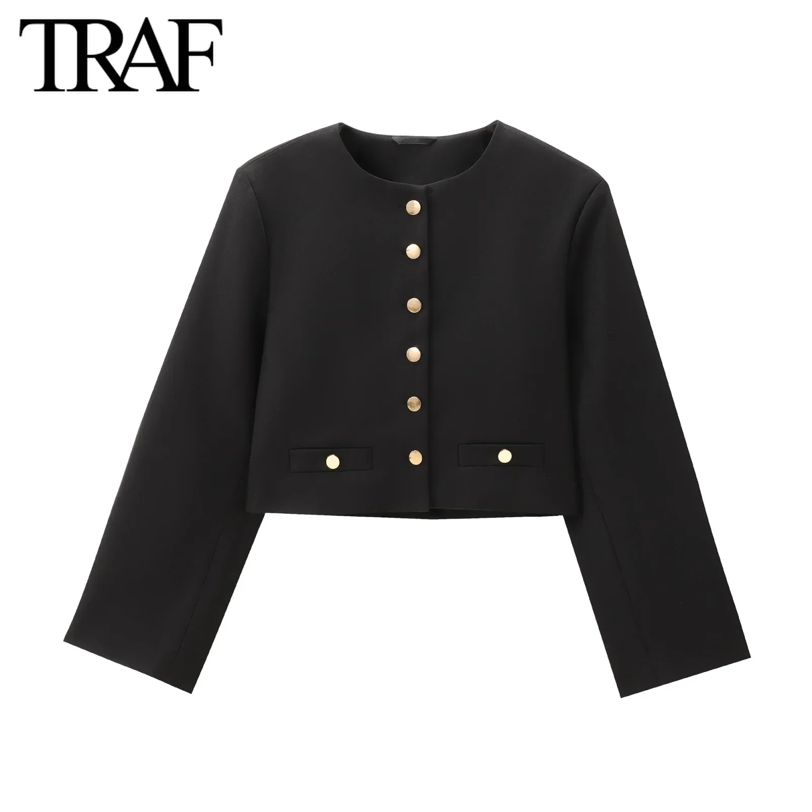 TRAF Women Fashion Autumn New Casual Jacket Round Neck Long Sleeved Single-breasted Pocket Short Coats Chic Ladies Tops Mujer