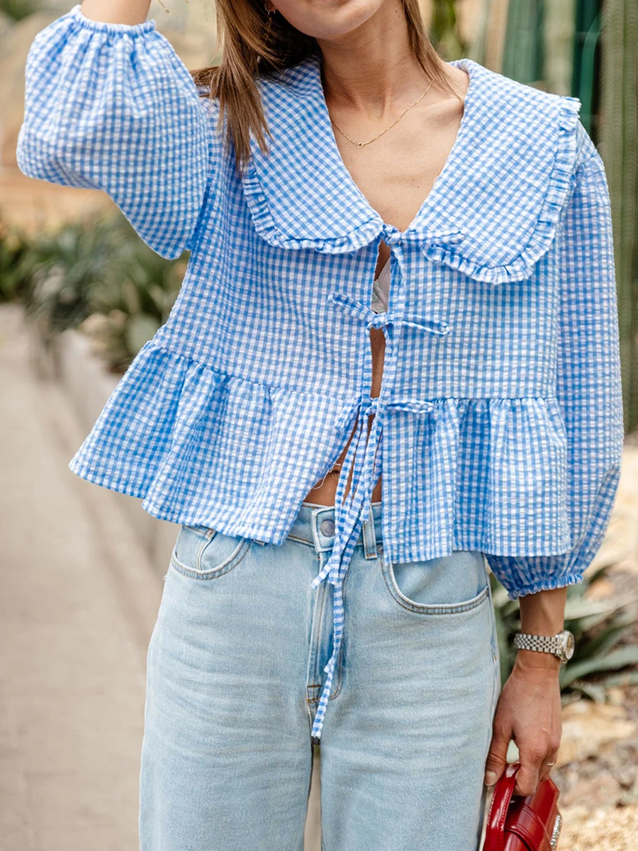 Camisa estampada xadrez para mulheres, tops soltos de peplum, manga comprida, colarinho de boneca, laço na frente, camisa lanterna doce, verão