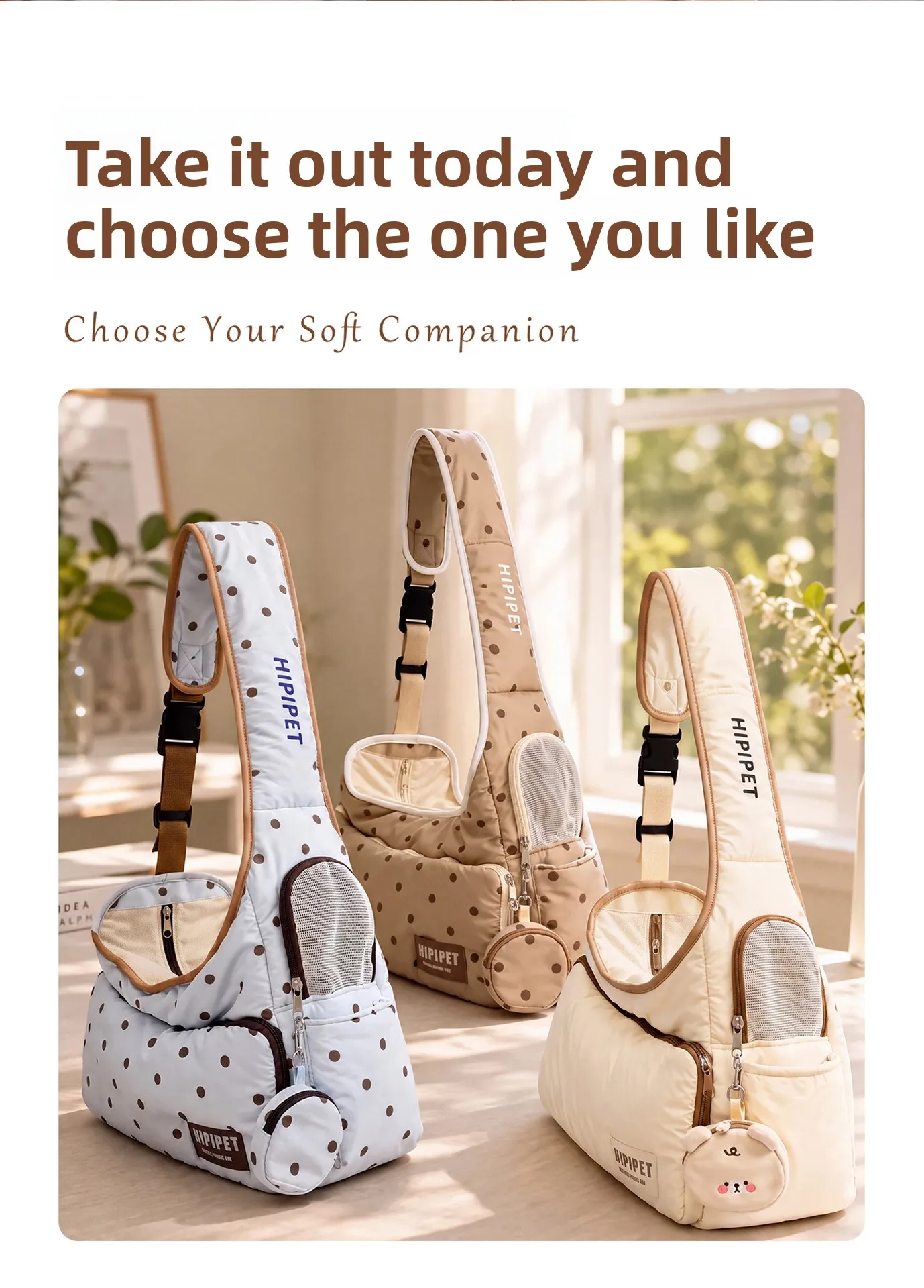 Weiche, gepunktete Puffer-Tragetasche im „Soft Girl“-Stil, großes Fassungsvermögen, verhindert das Herausrennen, atmungsaktiv, für Katzen und Hunde, ideal für Herbst- und Winterreisen im Freien. – Detail 6