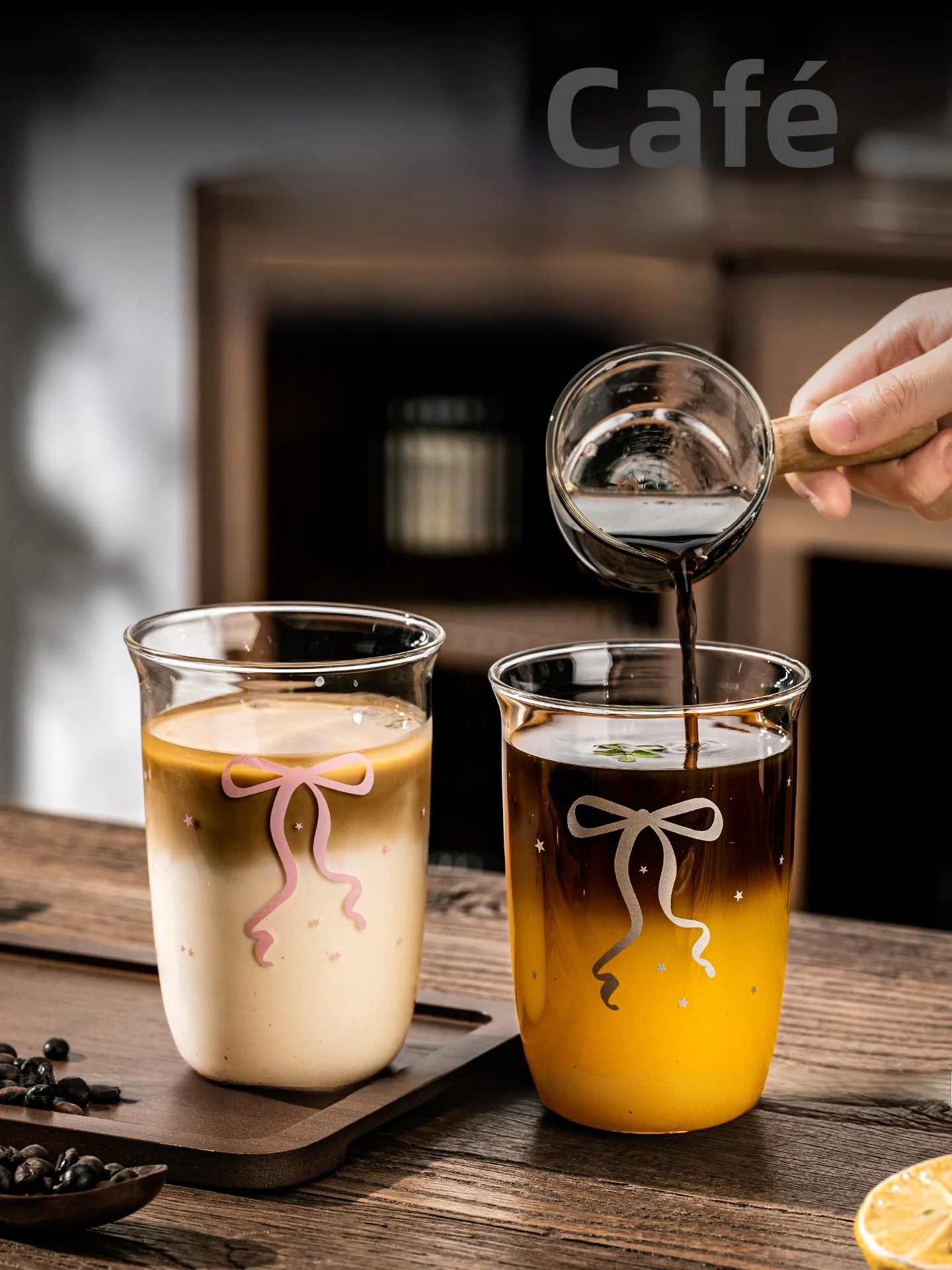 トレンディな蝶結びガラスカップコールドブリューコーヒーミルクジュースドリンク家庭用ウォーターカップ高美的価値北欧スタイル