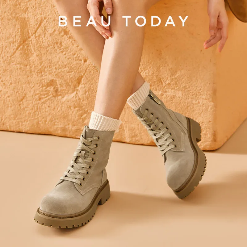 BEAUTODAY Cow Suede Boots Women Genuine Leather Solid Color Lace-up Winter Ladies Ankle Shoes Handmade 04235