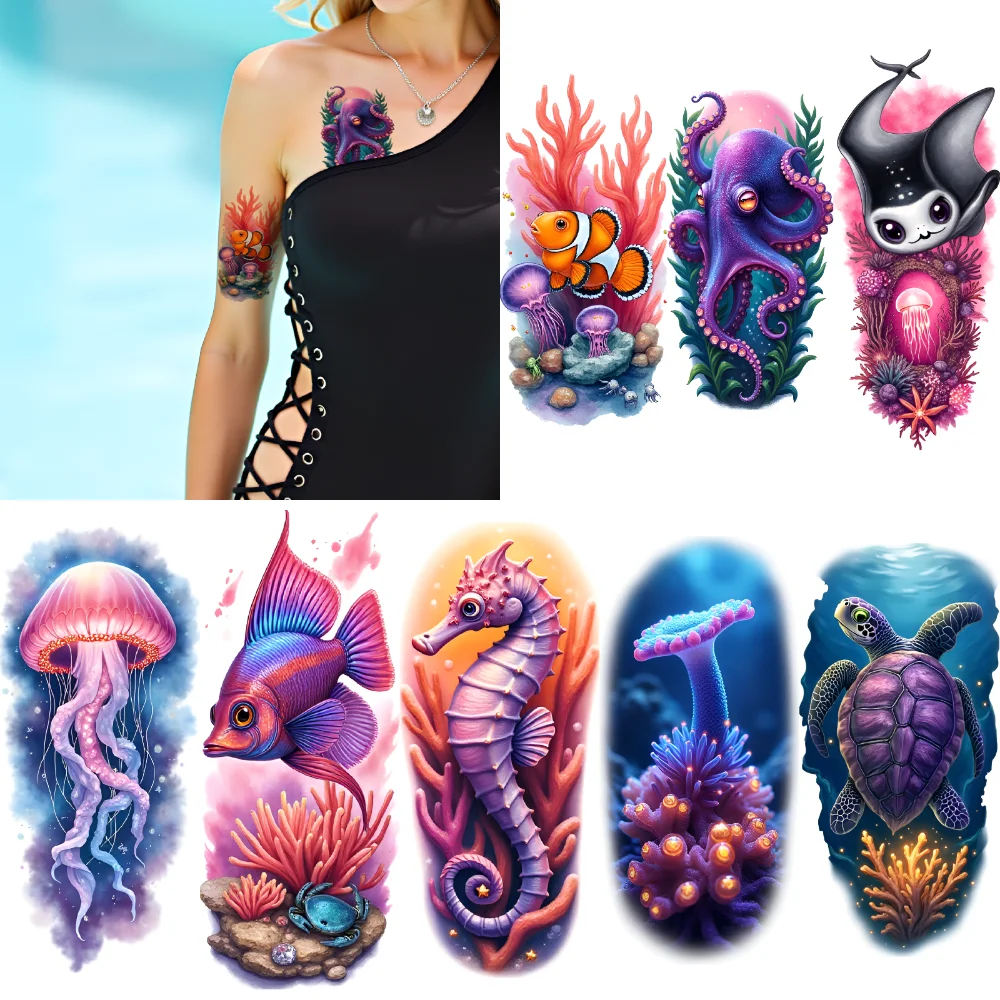 

12pcs Temporary Tattoo Octopus Realistic Temporary Tattoos Turtle Ray Waterproof Long-lasting Body Stickers Coral For Thighs