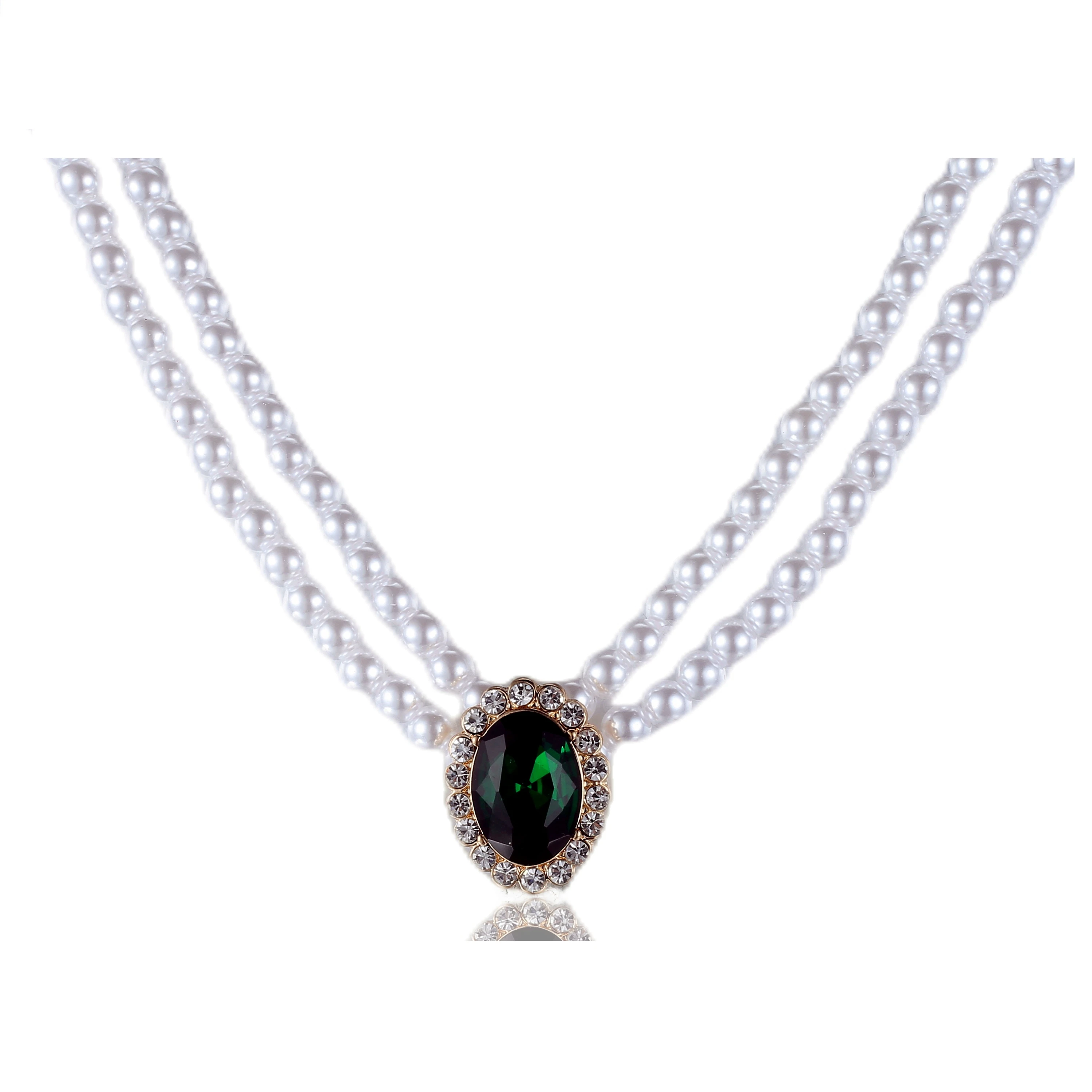 

Victorian Vintage 2 Strand Pearl Choker Necklace with Green Oval Pendant Wedding Accessory