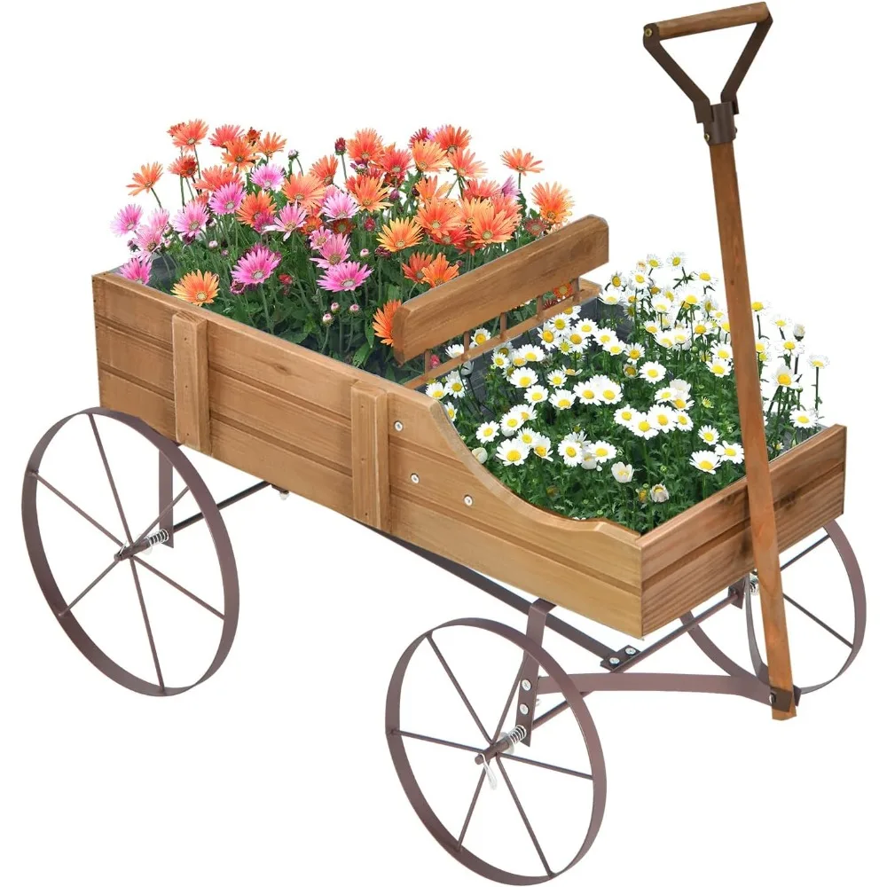 

Wooden Wagon Planter, Decorative Garden Wheelbarrow Planter with 2 Planting Sections, Rolling Wheels, Adjustable Handle