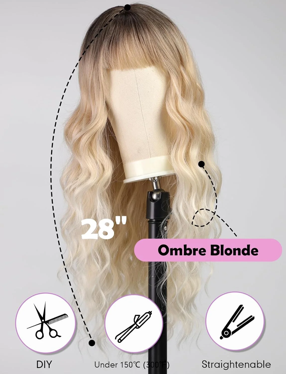 Blonde Gold Synthetic Wig for Women Long Wavy Synthetic Wigs with Bangs Dark Root Hair Heat Resistant Wigs Natural Daily Fiber