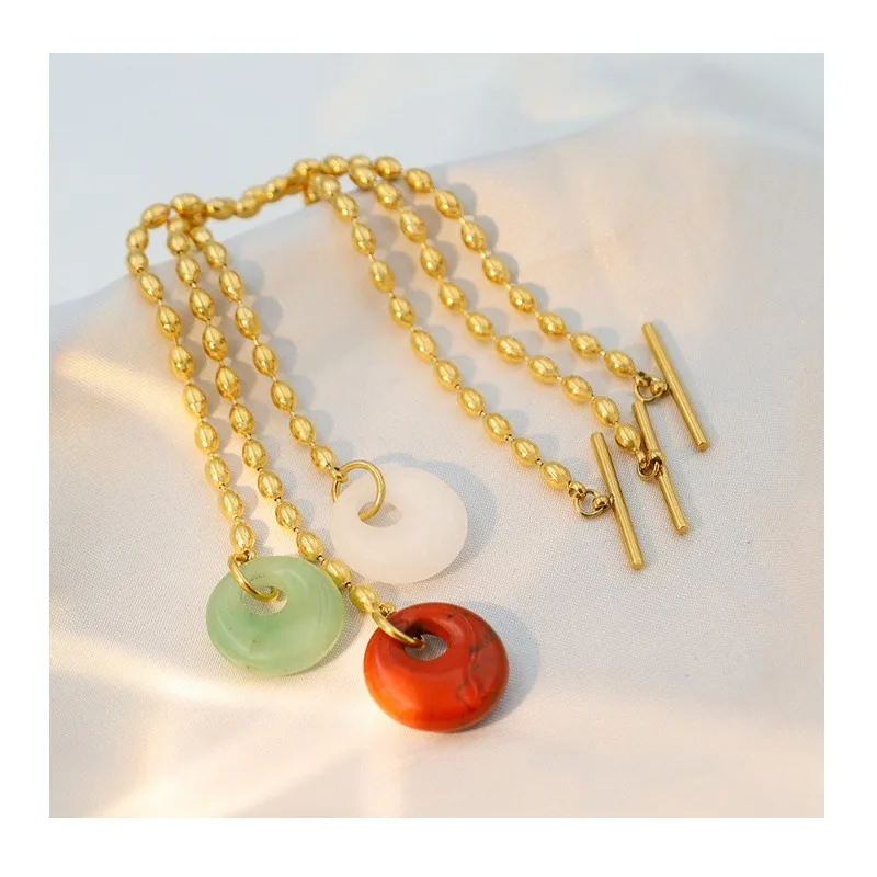 

Gold Stainless Steel Rice Bead Chain Jewelry French Retro Natural Round Crystal Greenstone Bracelet