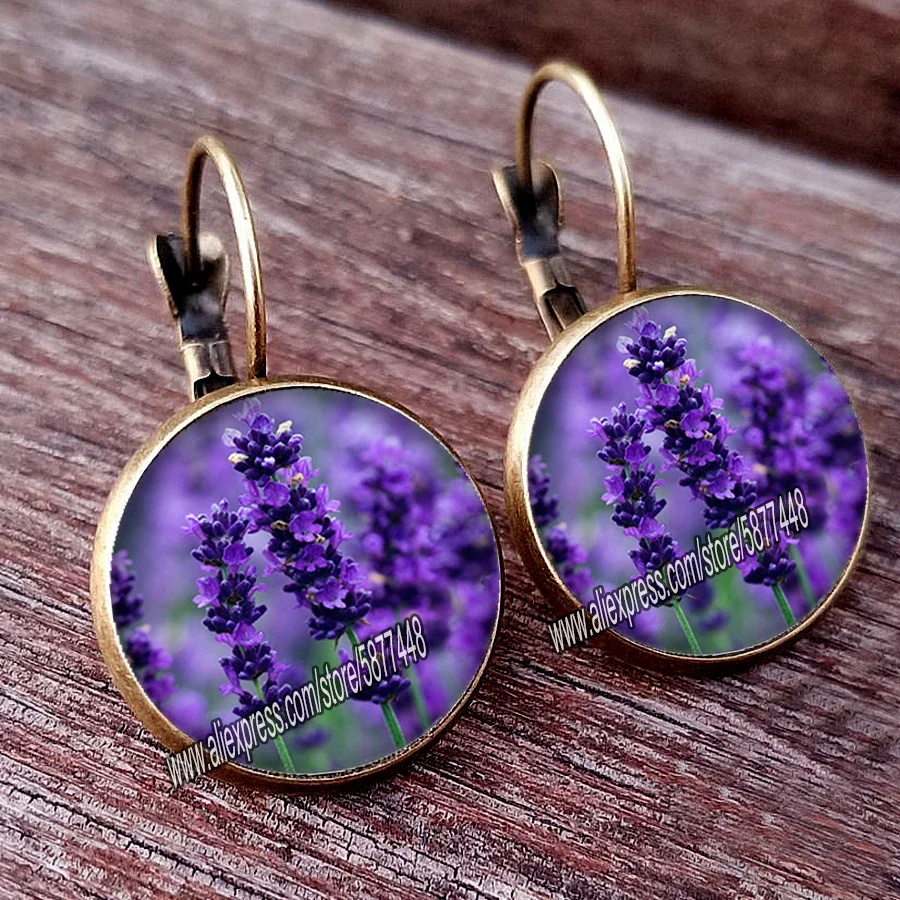 New Arrival Lavender Flower Women Stud Earring  Purple Flower Glass Cabochon Womens Earrings